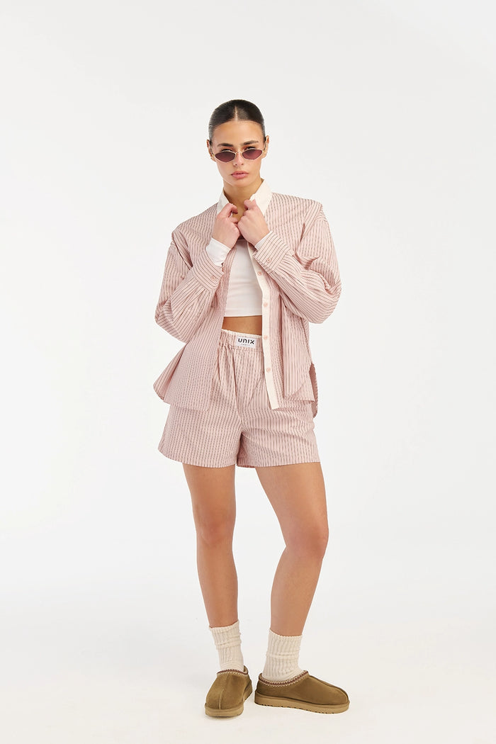 Women lounge shorts set with striped shirt relaxed summer outfit - UNIX | طقم نسائي شورت مريح مع قميص مخطط إطلالة صيفية كاجوال أنيقة