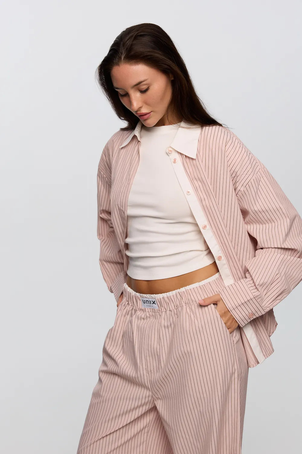 Women striped lounge shirt with inner top casual layered outfit - UNIX | قميص نسائي مخطط مع توب داخلي ستايل طبقات بإطلالة كاجوال أنيقة