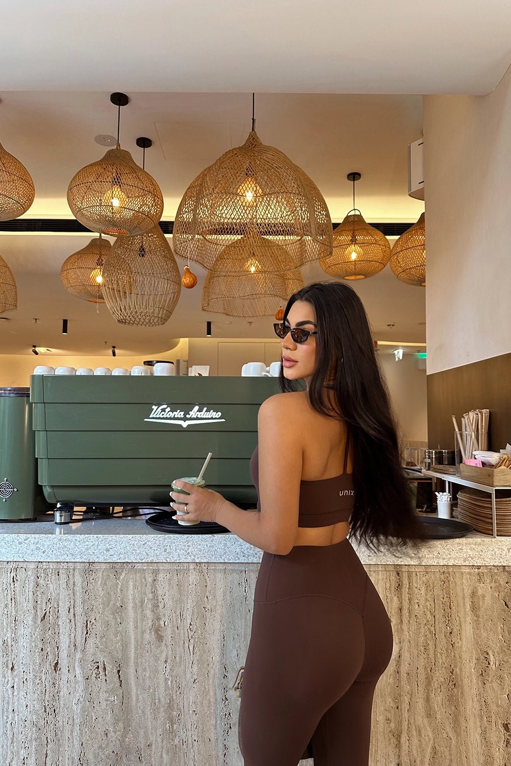 Elegant sporty outfit brown set indoor lifestyle - UNIX fashion | ملابس رياضية نسائية أنيقة داخلية طقم بني مناسب للراحة والإطلالة اليومية