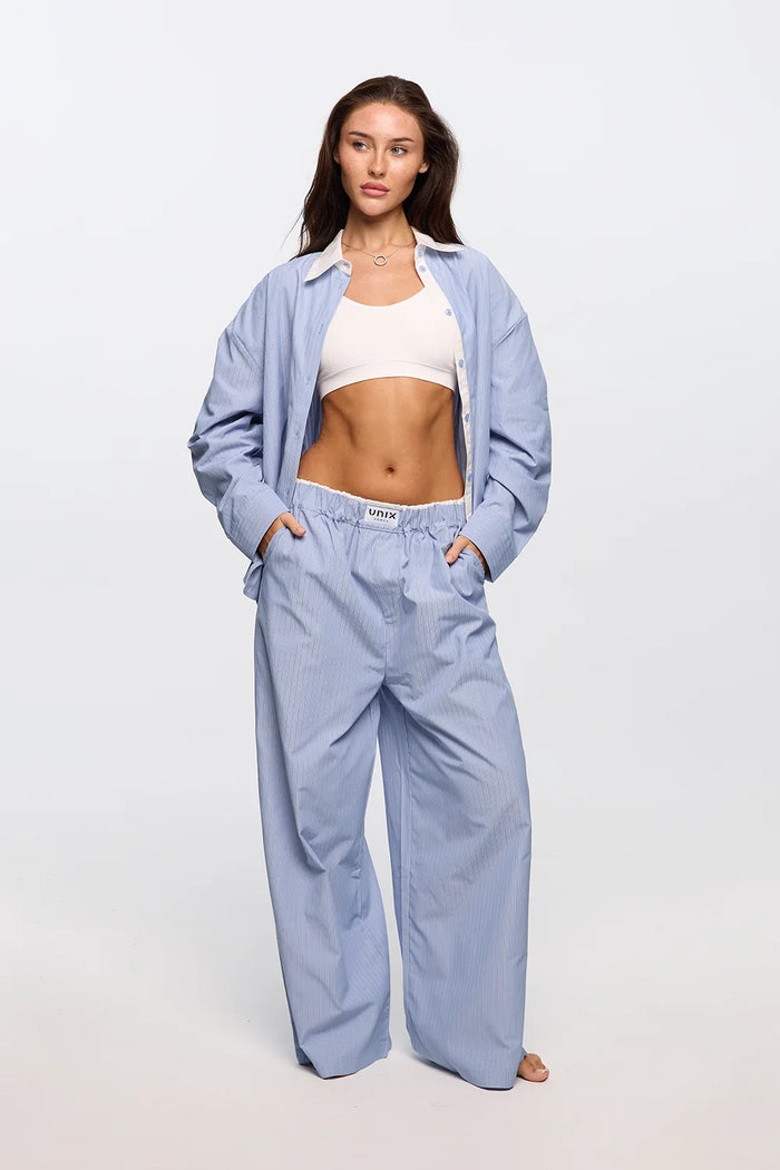 Sky blue lounge pants set women cotton blend home wear - UNIX | طقم بنطلون لاونج نسائي أزرق سماوي من مزيج القطن ملابس منزلية راقية - UNIX