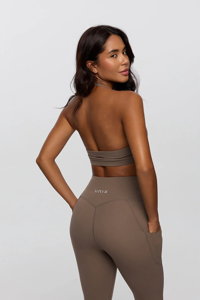 Brown halter bra women deep V neck open back design - UNIX | توب برا نسائي بني حلتر بياقة V عميقة وظهر مفتوح تصميم جريء - UNIX