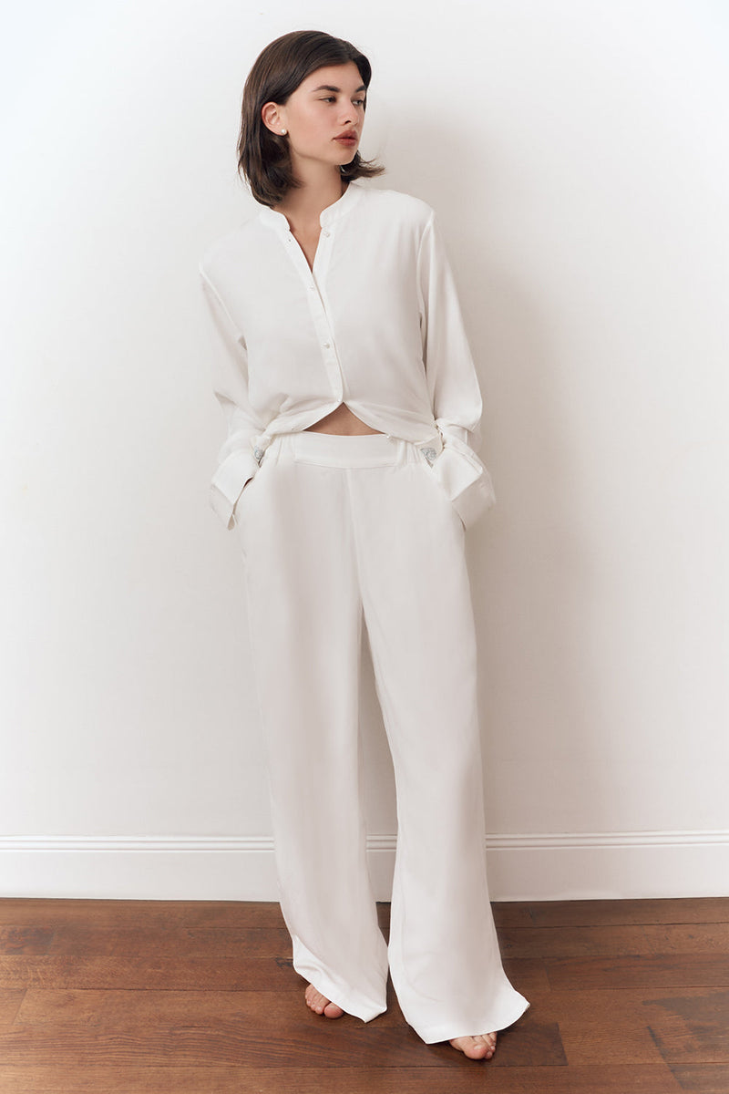 Pearl linen cotton pants women side elastic flat front - UNIX | بنطلون كتان وقطن نسائي بخصر مطاطي جانبي وواجهة مسطّحة - UNIX