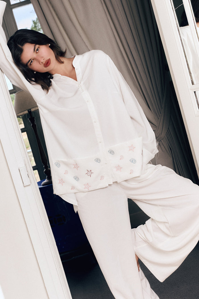 Pearla lounge set women pearl shirt and wide leg pants - UNIX | طقم لاونج بيرلا نسائي لولو قميص وبنطلون واسع الساقين - UNIX