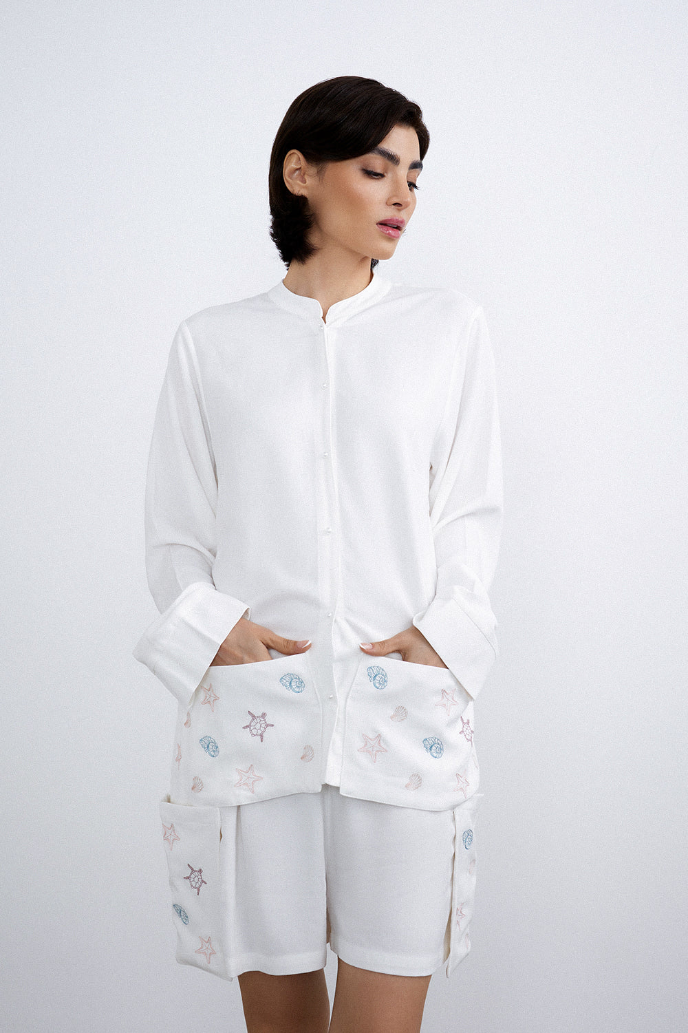 Pearl linen set women pearl shank buttons soft feminine touch - UNIX | طقم كتان نسائي بأزرار لؤلؤية ولمسة أنثوية ناعمة - UNIX