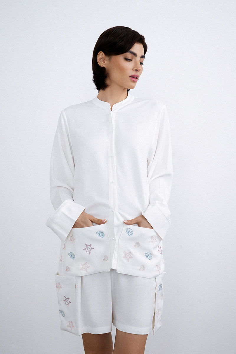 Pearl linen set women pearl shank buttons soft feminine touch - UNIX | طقم كتان نسائي بأزرار لؤلؤية ولمسة أنثوية ناعمة - UNIX