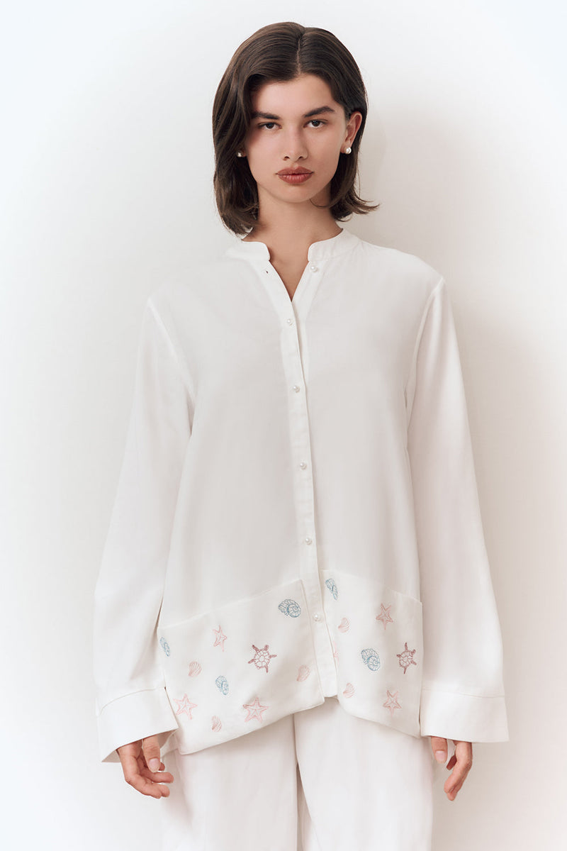 Pearl linen cotton shirt women pearl buttons soft drape - UNIX | قميص كتان وقطن نسائي بأزرار لؤلؤية وانسدال ناعم - UNIX