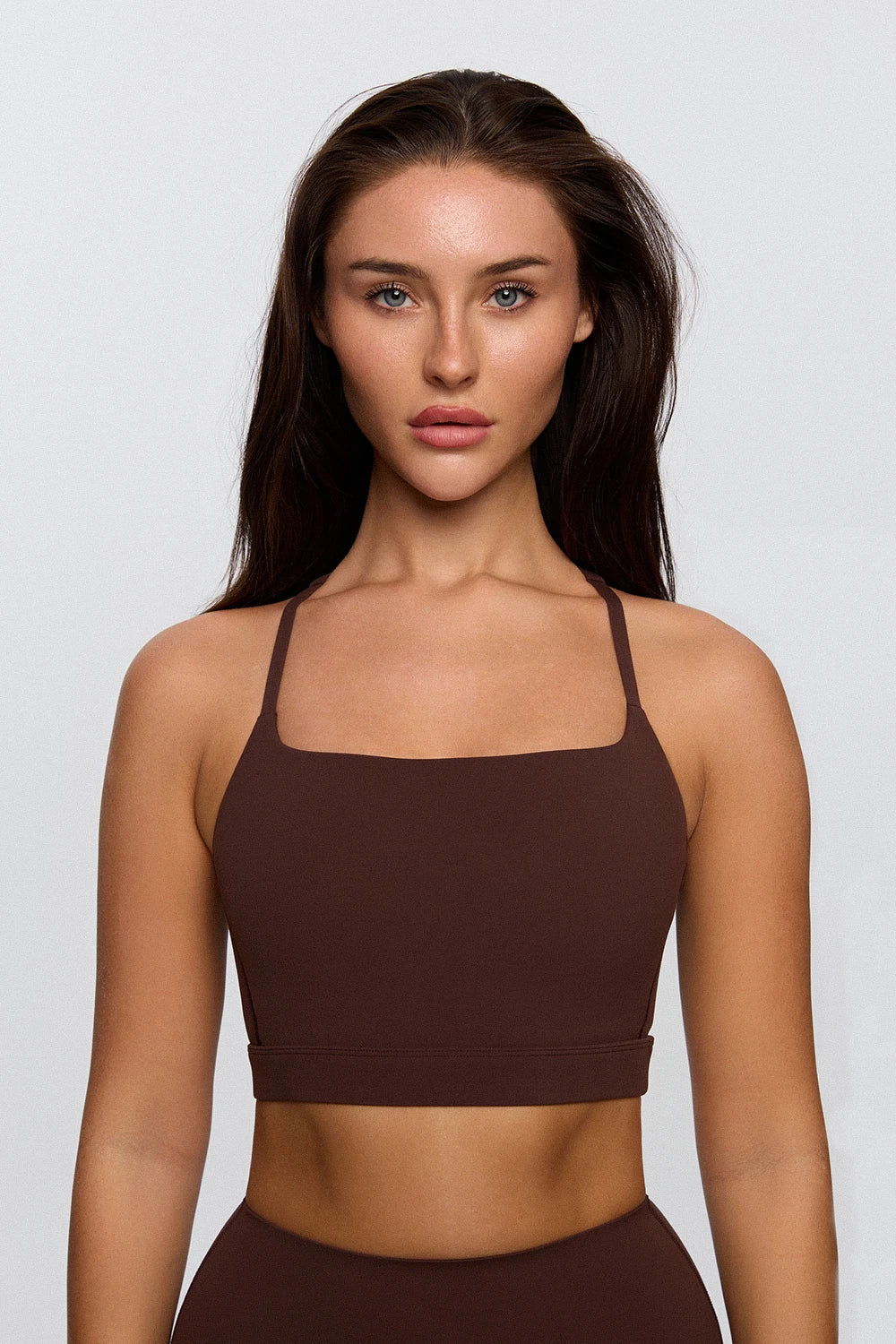 Sculpting sports bra women chocolate back view - UNIX | سبورت برا بني نسائي من الخلف بحمالات مريحة — UNIX
