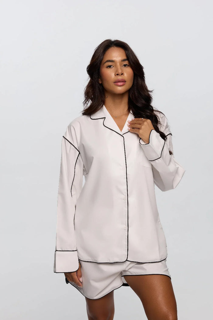 Soft pyjama set women timeless style smooth fabric piping - UNIX | طقم بيجاما ناعمة نسائية بستايل كلاسيكي وقماش ناعم وحواف أنيقة - UNIX